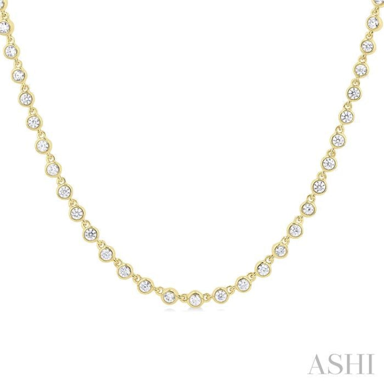 3/4 ctw Halfway Bezel Set Round Cut Diamond Tennis Necklace in 14K Yellow Gold
