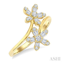 1/3 Ctw Petite Floral Bypass Baguette and Round Cut Diamond Fashion Ring in 10K Yellow Gold