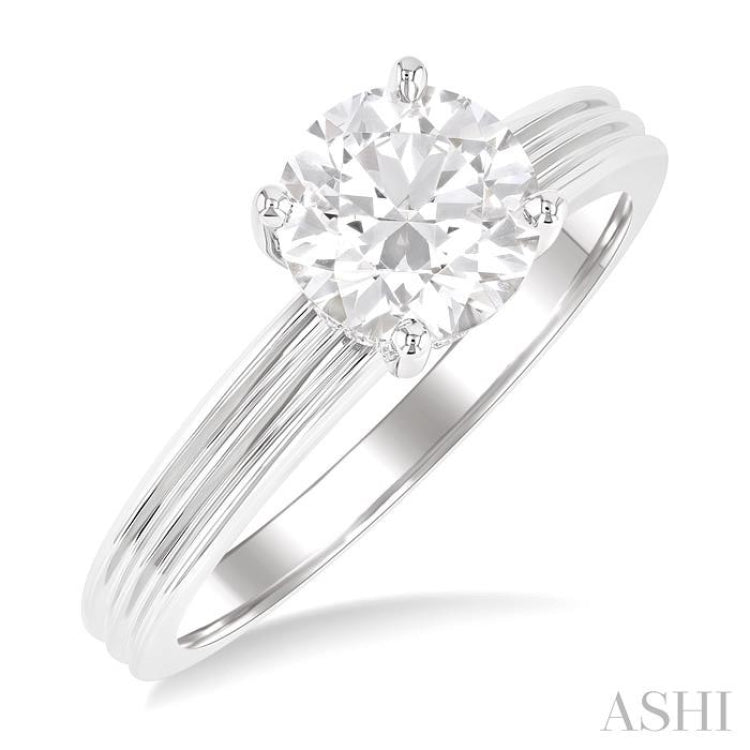1/20 ctw Circular Shape Grooved Shank Round Cut Diamond Semi Mount Engagement Ring in 14K White Gold