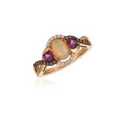 14K-Strawberry-Gold .85ct Neopolitan-Opal-&-Raspberry Rhodolite-.18ct-Chocolate-& Vanilla-Diamond-Ri